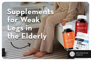 Elderly woman getting up from bed. Text: Supplements for weak legs in elderly