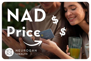 Woman taking out her credit card to purchase NAD. Text: Price of NAD