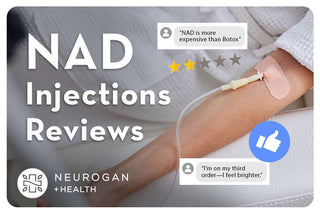 An arm getting IV treatment. Text: NAD injections Reviews