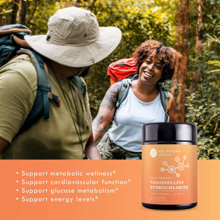 Two hikers in forest with Trigonelline Hydrochloride bottle and benefit list overlay.