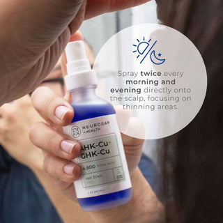 Usage instruction, spray air Elixir PRO spray to scalp for thinning areas, morning and evening routine.