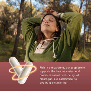 Woman relaxing outdoors with two capsules image, rich in antioxidants and Neurogan quality statement.