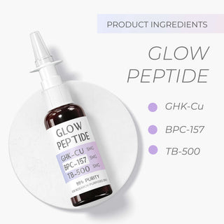 Glow Peptide product image featuring GHK-Cu, BPC-157, TB-500 to rejuvenate skin for a healthy glow.