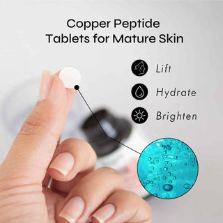 Close-up of a copper peptide tablet with benefits listed: lift, hydrate, and brighten skin, ideal for mature skin.