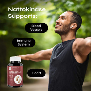 Man stretching outdoors with Nattokinase benefits listed for blood vessels, immune health, and heart.