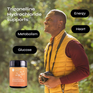 Man outdoors with Trigonelline Hydrochloride bottle; supports metabolism, glucose, energy, and heart health.