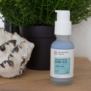 Advanced GHK-Cu Neck & Face Serum, displayed with decorative plant elements.