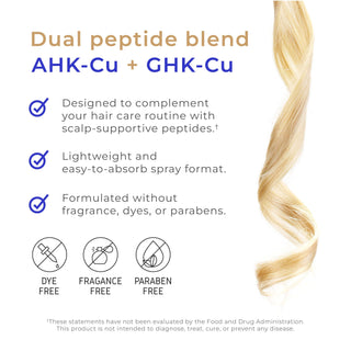 AHK-Cu and GHK-Cu dual peptide blend highlights fragrance-free, dye-free, and paraben-free formula.