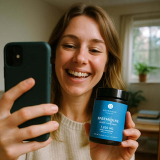 Smiling woman holding a phone and a jar of Spermidine dietary supplement in a cozy indoor setting.