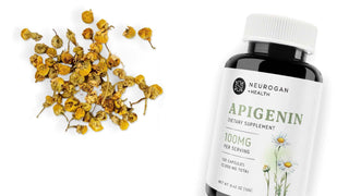 Apigenin Capsules bottle shown alongside dried chamomile flowers as natural sources.