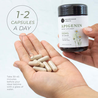 Hand holding Apigenin capsules next to bottle, with suggested dosage of 1–2 capsules a day before bedtime.