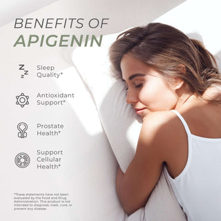 Woman sleeping on white bedding with listed benefits of Apigenin: sleep quality, antioxidant support and cellular health.