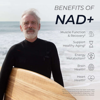 Man with surfboard highlighting NAD+ benefits for muscle function, energy metabolism, and healthy aging.