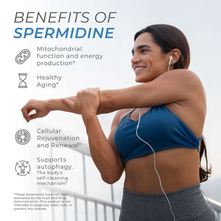 Woman stretching with headphones highlights benefits of spermidine for cellular health and healthy aging.