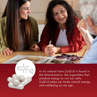 A happy group on a meeting, highlighting CoQ10 for energy production and aging, with CoQ10 structure and capsule illustration below.