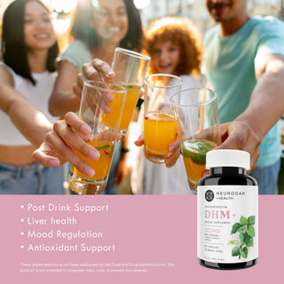 Friends toasting with drinks alongside Neurogan Dihydromyricetin capsules for post-drink support and liver health.