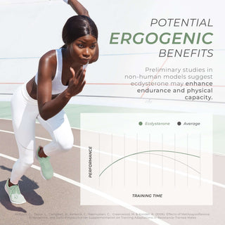 Female athlete sprinting with chart showing Ecdysterone’s endurance and performance potential.