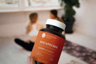 Neurogan Health Epicatechin supplement 1000mg being held in foreground with two women practicing yoga in the background.