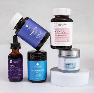 Neurogan Face Age Upgrade Kit with NMN Liposomal Drops, Fisetin, Spermidine, GHK-CU Tablets, and Face Cream.