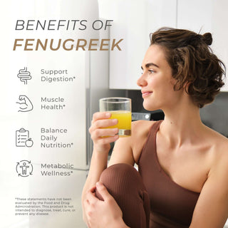 Woman holding glass of juice with overlay listing fenugreek benefits for digestion and metabolism.
