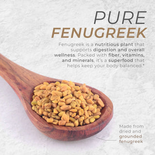 Wooden spoon filled with dried fenugreek seeds labeled as a nutritious superfood for wellness