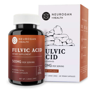 Neurogan Fulvic Acid Capsules bottle and box, 500mg per serving, 60 vegan capsules, 30,000mg total.