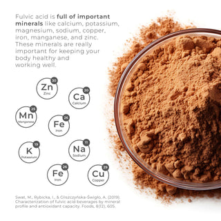 Fulvic acid powder in a bowl next to labeled mineral icons: zinc, calcium, iron, copper, and potassium.