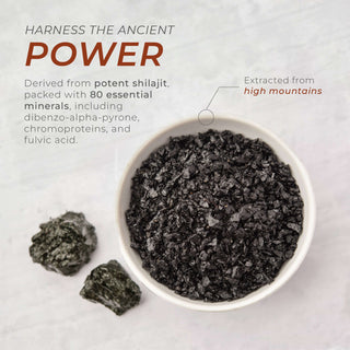 Shilajit-derived fulvic acid granules in a bowl, rich in minerals, extracted from high mountain regions.