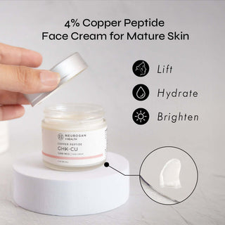 GHK-Cu Copper Peptide Face Cream in jar for mature skin, promoting lifting, hydration, and brightening effects.
