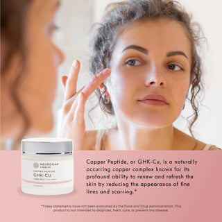 GHK-Cu Copper Peptide Face Cream displayed with model showcasing its skin-renewing benefits and hydration properties.