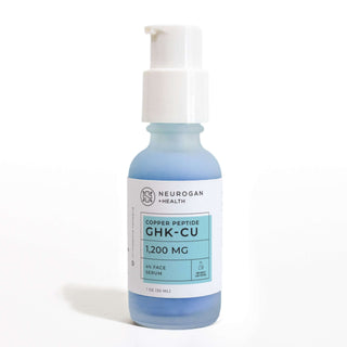 Neurogan Advanced GHK-Cu Neck & Face Serum in a blue-labeled 1 oz bottle, 1,200 mg total, with pump dispenser.