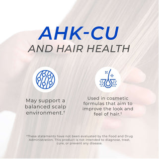 AHK-Cu hair health benefits shown with icons for scalp balance and cosmetic hair care.
