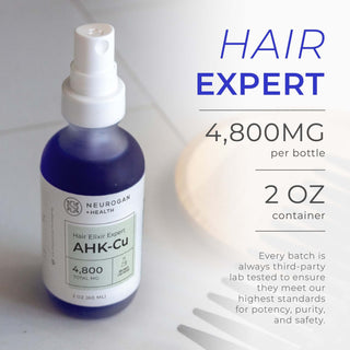 AHK-Cu Hair Elixir Expert bottle shown with 4,800mg total in a 2oz container, third-party lab tested.