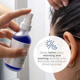 Applying AHK-Cu Hair Elixir Expert to scalp with twice-daily use instructions overlay.