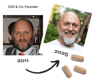 Healthy aging transformation of CEO Jan Brandrup from 2011 to 2025, showcasing improved vitality and wellness.