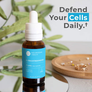 L-Ergothioneine Drops bottle by Neurogan Health featuring 11.6mg per serving for cellular defense.