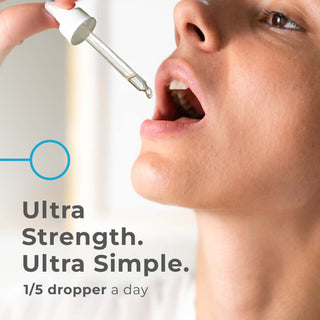 Person using L-Ergothioneine drops with a dropper, emphasizing simplicity and strength in daily dosage.