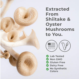 L-Ergothioneine Drops from shiitake and oyster mushrooms, lab tested, gluten free, non-GMO, dairy free, made in USA.