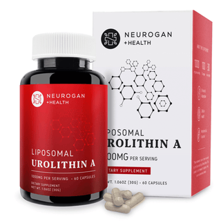 Neurogan Liposomal Urolithin A Capsules 30,000 mg total in a red-labeled bottle, 1000 mg per serving, 60 capsules.