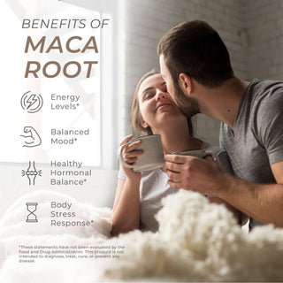Couple drinking from cup with maca root benefits including energy, mood, stress, and hormone support.