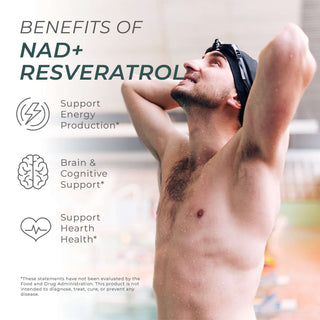 Man in swim cap with arms behind head, with text showing NAD+ Resveratrol may support energy, brain, and heart health