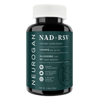 Neurogan NAD + Resveratrol Capsules in a dark green-labeled bottle, 1200mg per serving, 54,000mg total, 90 vegan capsules.