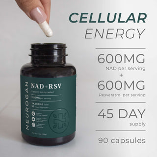 Hand holding capsule over open NAD + RSV bottle, 600mg RSV + 600mg NAD+ per serving, 45 day supply.