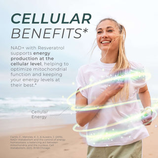 Woman running on the beach with glowing energy lines around her body, symbolizing cellular energy from NAD+ and Resveratrol.