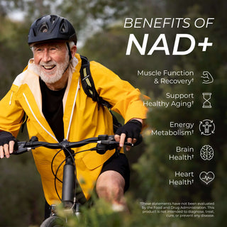 Man cycling in yellow jacket showcasing benefits of NAD+ for healthy aging, energy, and muscle recovery.