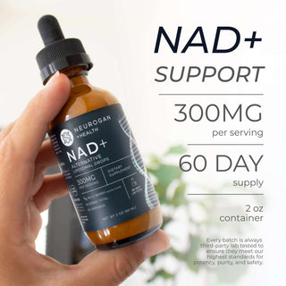NAD+ Alternative Liposomal Drops in a dropper bottle, promoting cellular health and healthy aging with 300mg per serving.