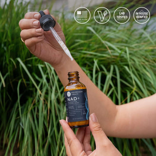 NAD+ Alternative Liposomal Drops in a dropper bottle, promoting healthy aging and cellular health.