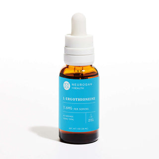 L-Ergothioneine Drops in a blue-labeled amber bottle, 700mg total, 11.6mg per serving, 1 fl oz (30 mL).
