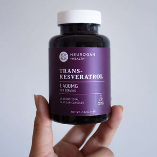Trans-Resveratrol supplement bottle, 1400mg per serving, 90 vegan capsules by Neurogan, health benefits.