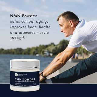NMN Powder jar displayed alongside a man stretching outdoors near a lake, highlighting benefits for aging, heart health, and muscle strength*.